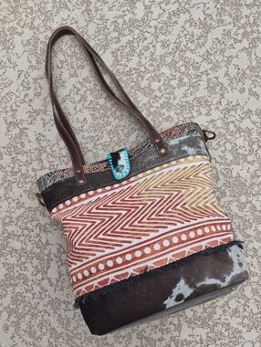Myra Bag Fading Vermillion Canvas Cowhide Leather Chevron Tote Bag
